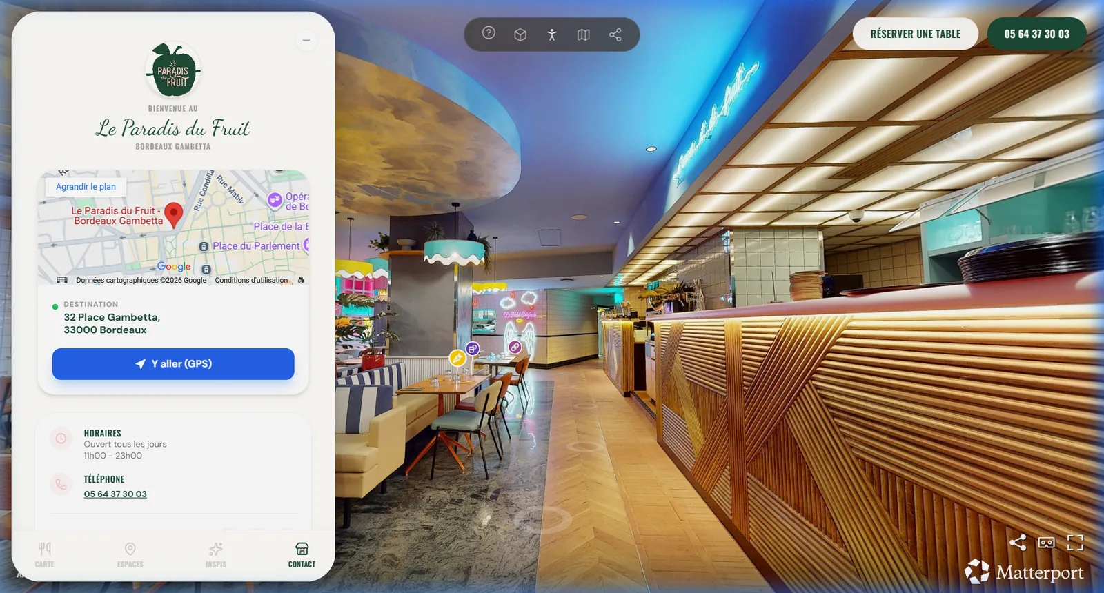 Interface du site immersif du restaurant Le Paradis du Fruit Bordeaux : réservation de table, itinéraire Google Maps, horaires et téléphone intégrés à la visite virtuelle 3D