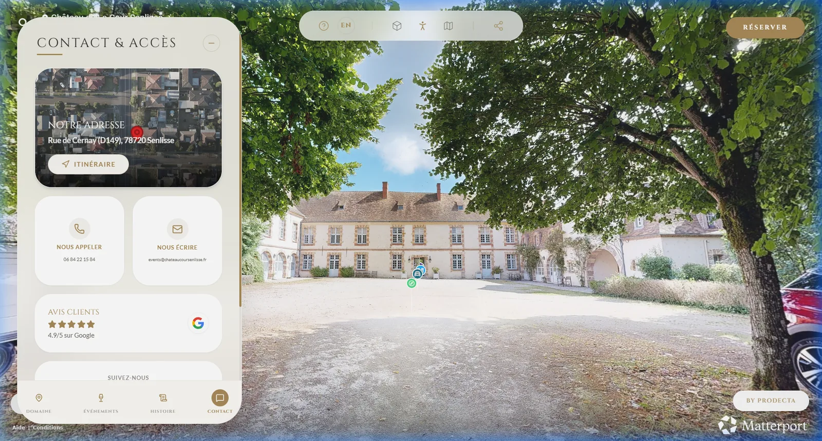 Application web immersive du Château de la Cour Senlisse : panneau contact et accès avec adresse, itinéraire, téléphone, email, avis Google et bouton réserver, intégré à la visite virtuelle du domaine